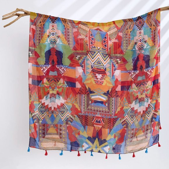 Multi Color Exotic Woman Scarf Red Tassel Shawl Colorful Head Wrap Rainbow Scarf - Picture 4 of 4